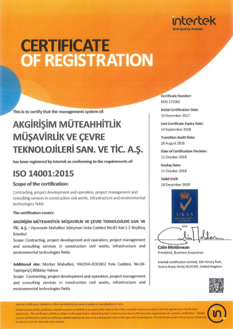 Akgirişim ISO 14001:2015 Certificate / EMS 171002