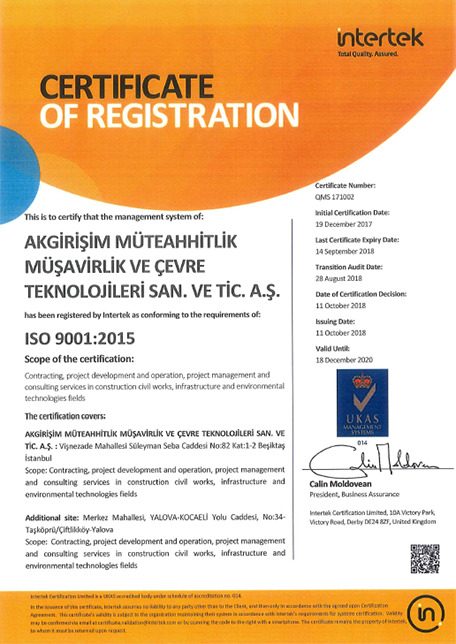 Akgirişim ISO 9001:2015 Certificate / QMS 171002